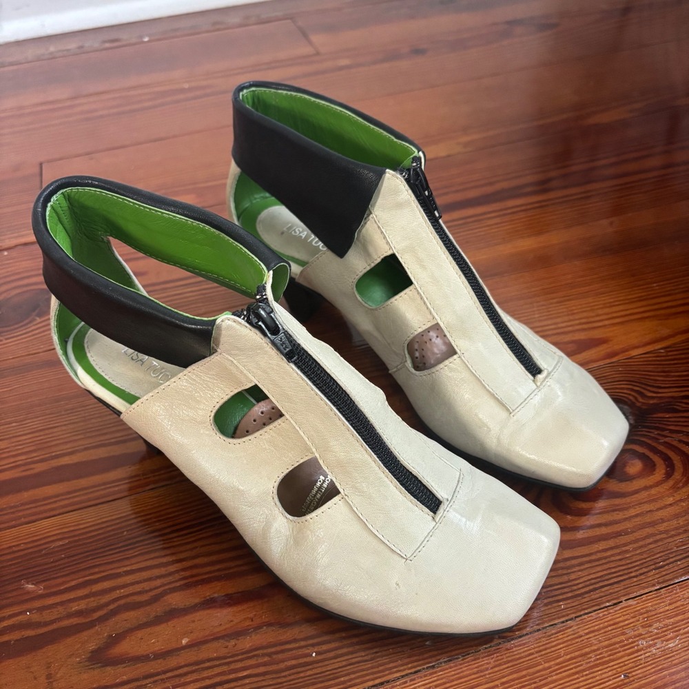 Lisa Tucci Leather Cutout Zip Booties Cream Green Black Size 41 Avant-garde Art